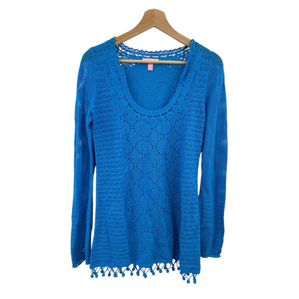 Lilly Pulitzer Blue Crochet Pom Pom Long Sleeve Sweater